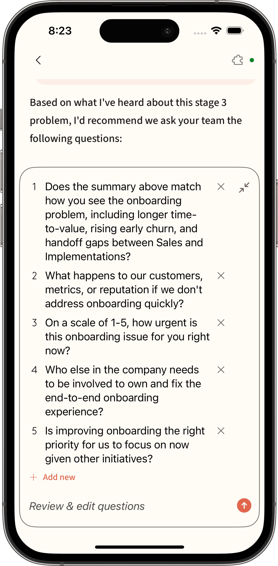 Generated questions screen showing AI-calibrated questions for gathering team insights