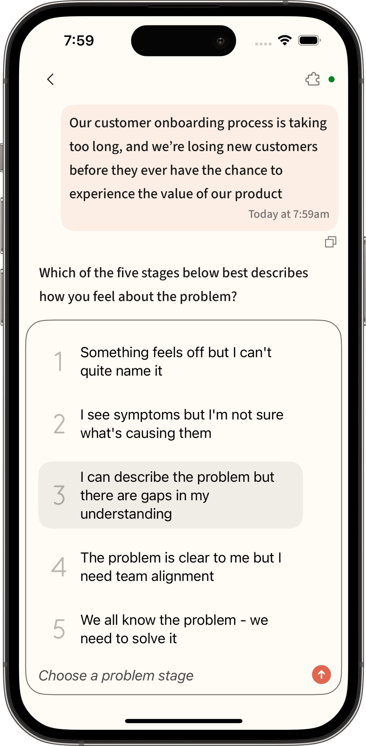 Problem stage selection screen showing five stages from naming the problem to solving it