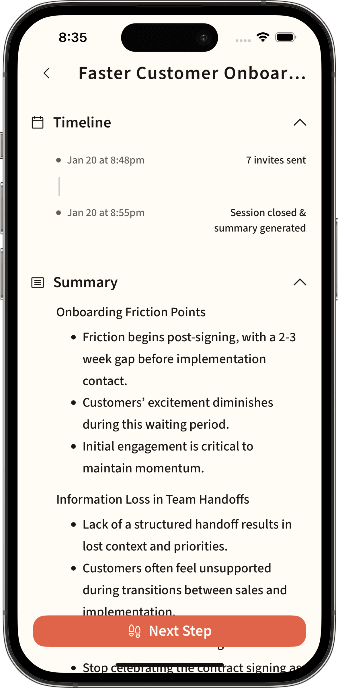 Summary screen showing synthesized team insights and next-step clarity