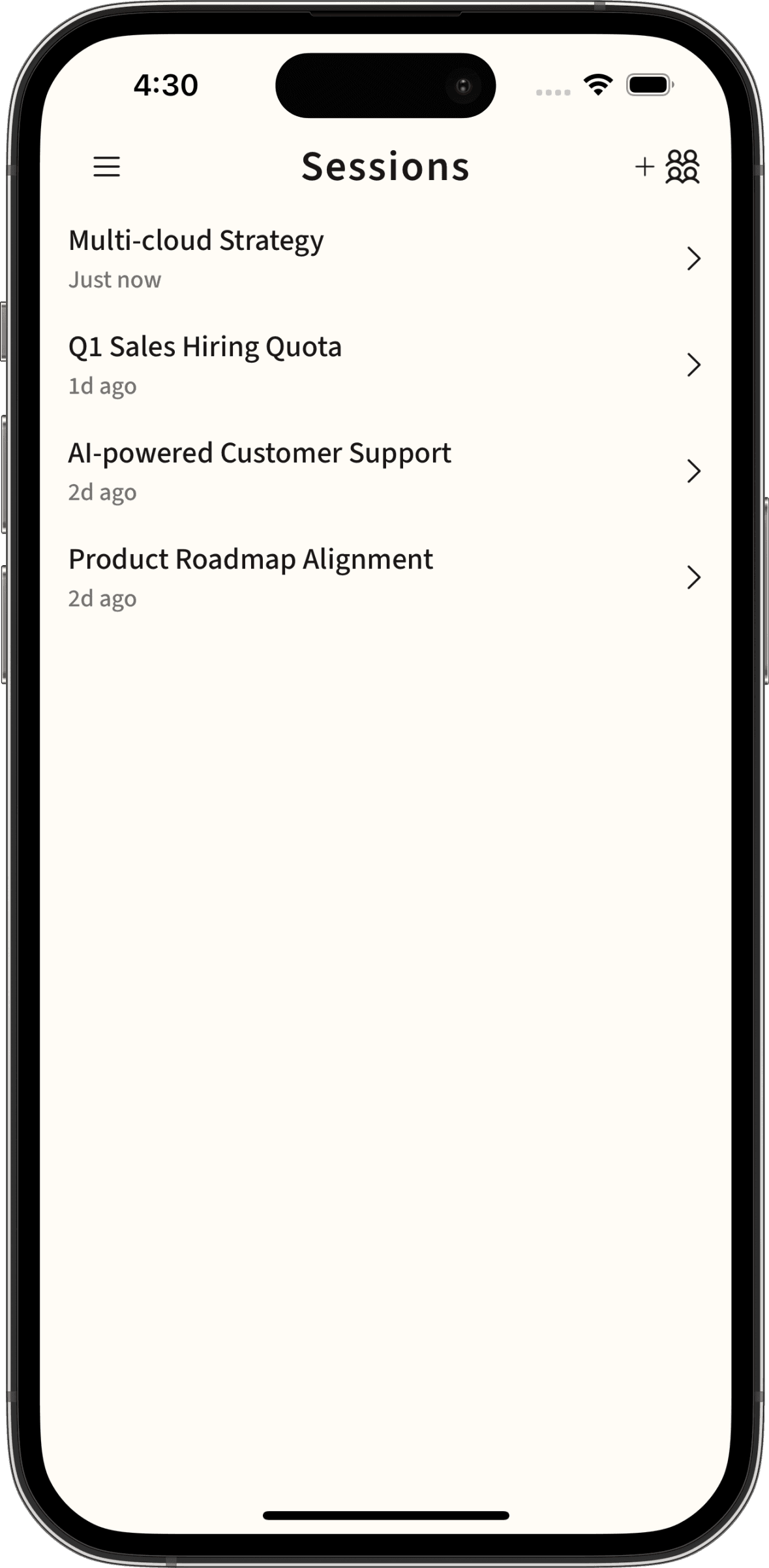 Sessions list showing active conversations about decisions, ideas, and problems